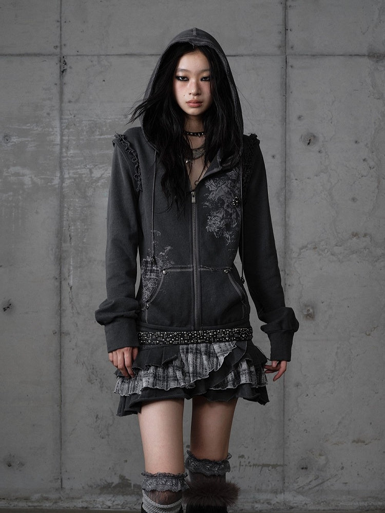 Wasteland Punk Dark Gray Y2K Hoodie Dress with Detachable Sleeves & Layered Plaid Skirt