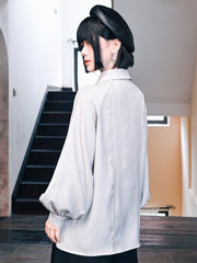 Light Gray Gothic Cheongsam Shirt with Bronze Embroidery & Bishop Sleeves