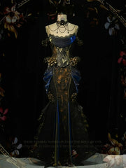 Black and Gold Victorian Goth Mermaid Skirt with Removable Roses Pin and Bead Chain