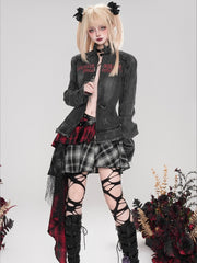 Punk Black Letters Print Distress Trim Slim-fit Denim Jacket