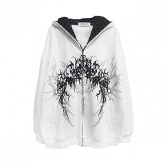 Black/White Gothic Striped-Lined Hoodie with Dark Fantasy Print in Regular/Heavyweight Version
