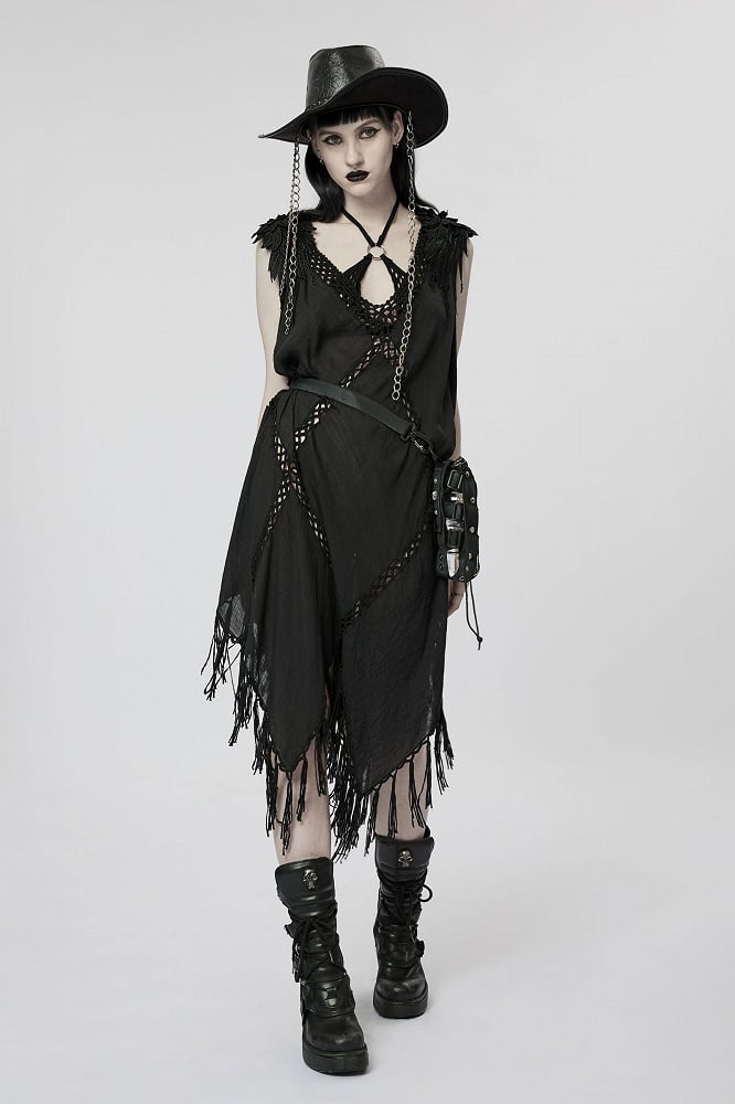 Witch Black Woven Dress Handkerchief Tassels Hem