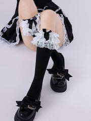 White/Black Lolita Bow Decorated Multi-Layer Lace Trim Calf Socks