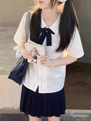 Short Sleeves Version White Preppy Style Pleating Details Shirt