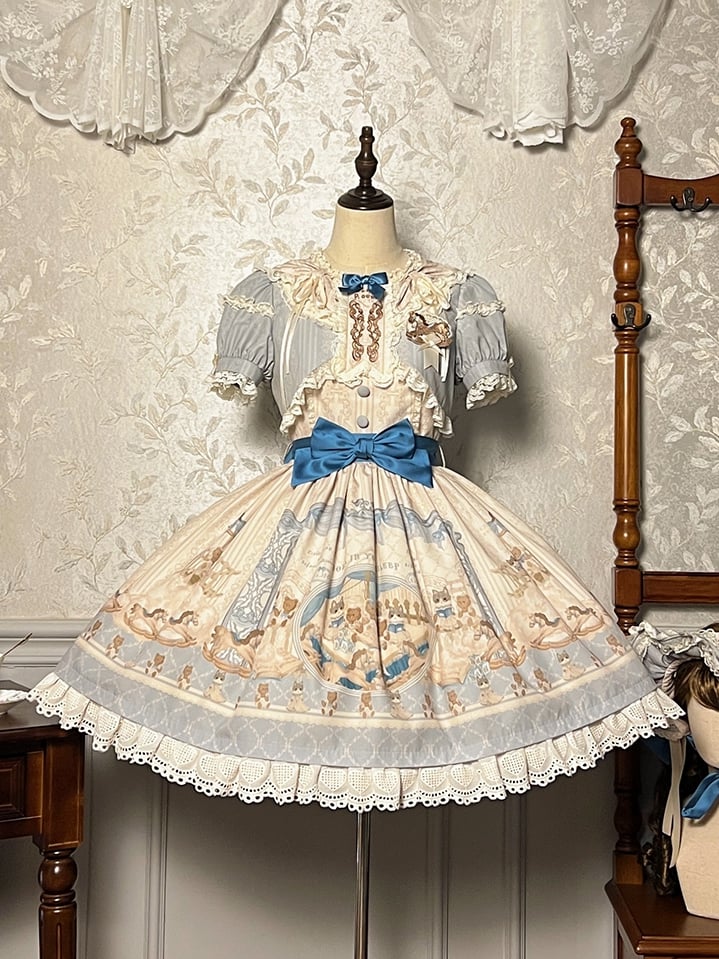 Blue Ruffle Round Neck Kitty and Teddy Print Lolita Dress Sweet Lolita OP