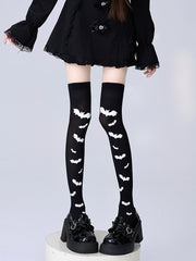White Bat Pattern Black Over Knee Stockings