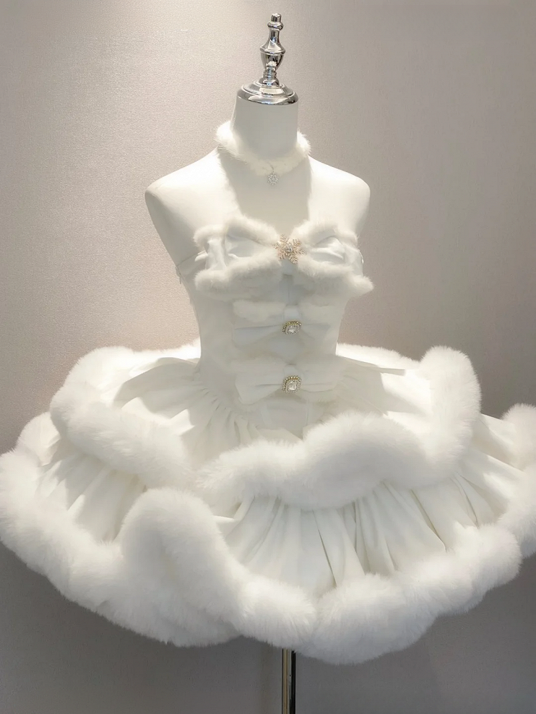 White Snowflake Bows Decorated Bodice Winter Plush Trimming Strapless Dress