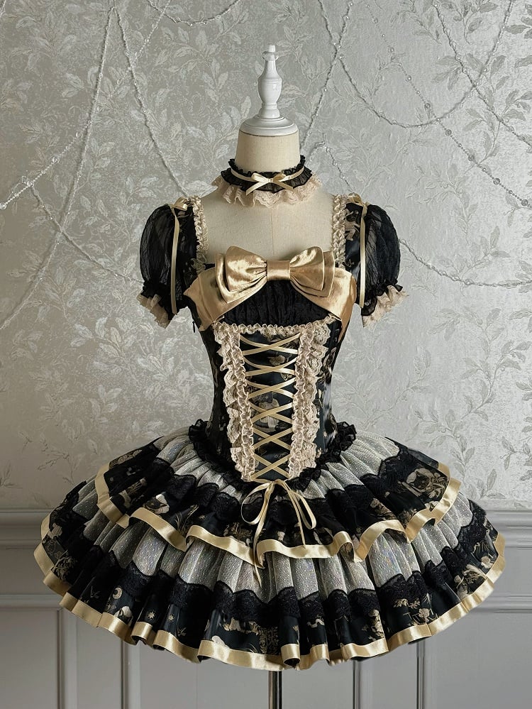 Clearance - Size M for Bust 87-103cm Bunny and Kitty Print Black and Gold Short Puff Sleeves Lolita Corset Dress