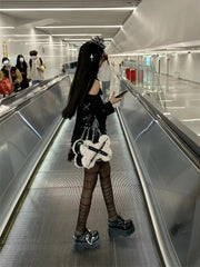 White Punk Y2K Bone-Shaped Fleece Bag With Studded Crisscross Straps