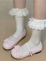 Sweet Lolita PUPink Flat Mary Janes-Round Toewith Top Bow&Heart Buckle