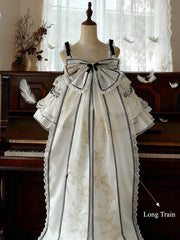 White & Black Ruffled Layers Sweet Lolita Dress Long Version+Train+Head Veil+Detachable Sleeves Full Set - Curve-Friendly Fit