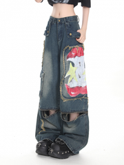 Y2K Deep Blue Convertible Wide-leg Jeans with Distressed Design & Graffiti Apple Print