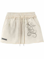 Wasteland Punk Beige Distressed Mini Skirt Elastic Waist with Drawstring