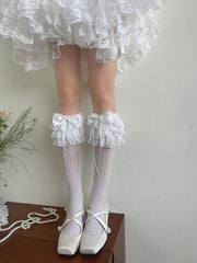 White/Black Bowknot Heart Print Lace Ruffle Trims Underknee Stockings