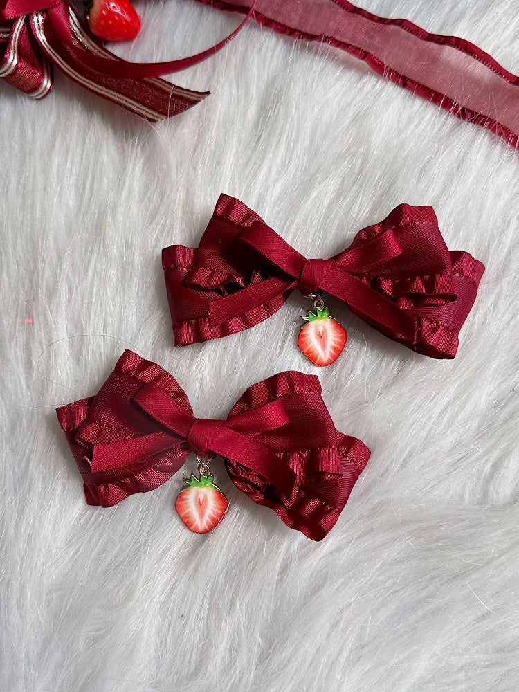 Red Ruffle Trim Bow Strawberry Decoration Lolita Hairclip