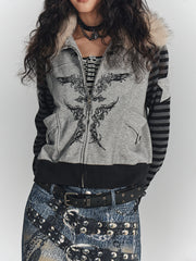 Gray Punk Zip-Up Faux Fur Collar Jacket with Wing Print & Striped Sleeves