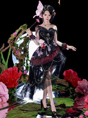 Black Lace Butterfly Print Off-the-shoulder Lolita Dress with Purple Flower Accents and Draped Chains