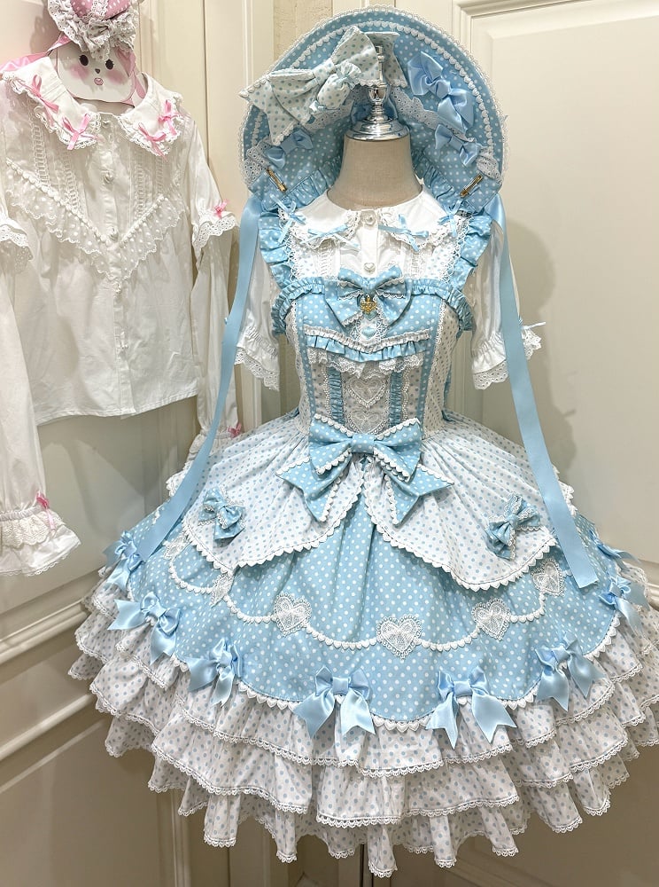 Blue & White Polka-dot Pattern Dress Sweet Bow Accents Lolita Jumper Skirt
