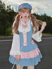 White Pleating Details Blouse with Detachable Sleeves and Pink Bowknots