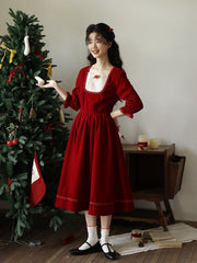 Wine Red Vintage Rose Square Neckline  Dress