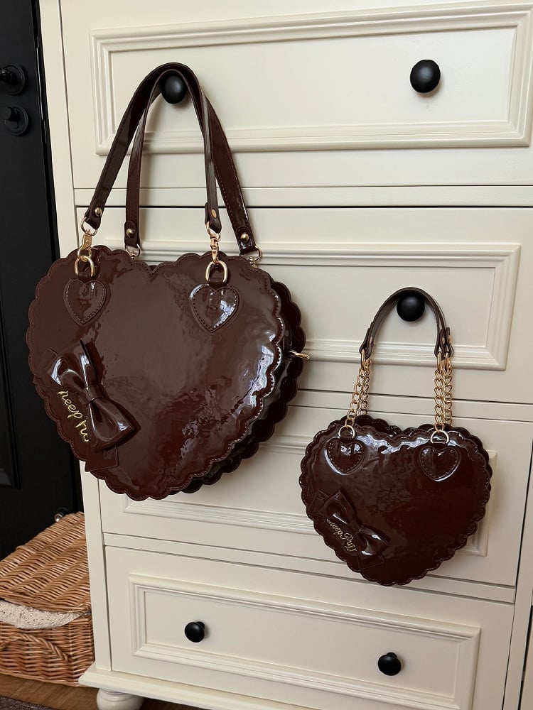 2-Way Heart Cookie Bag in Brown PU - Lolita Style with Bow Decor & Zipper Closure