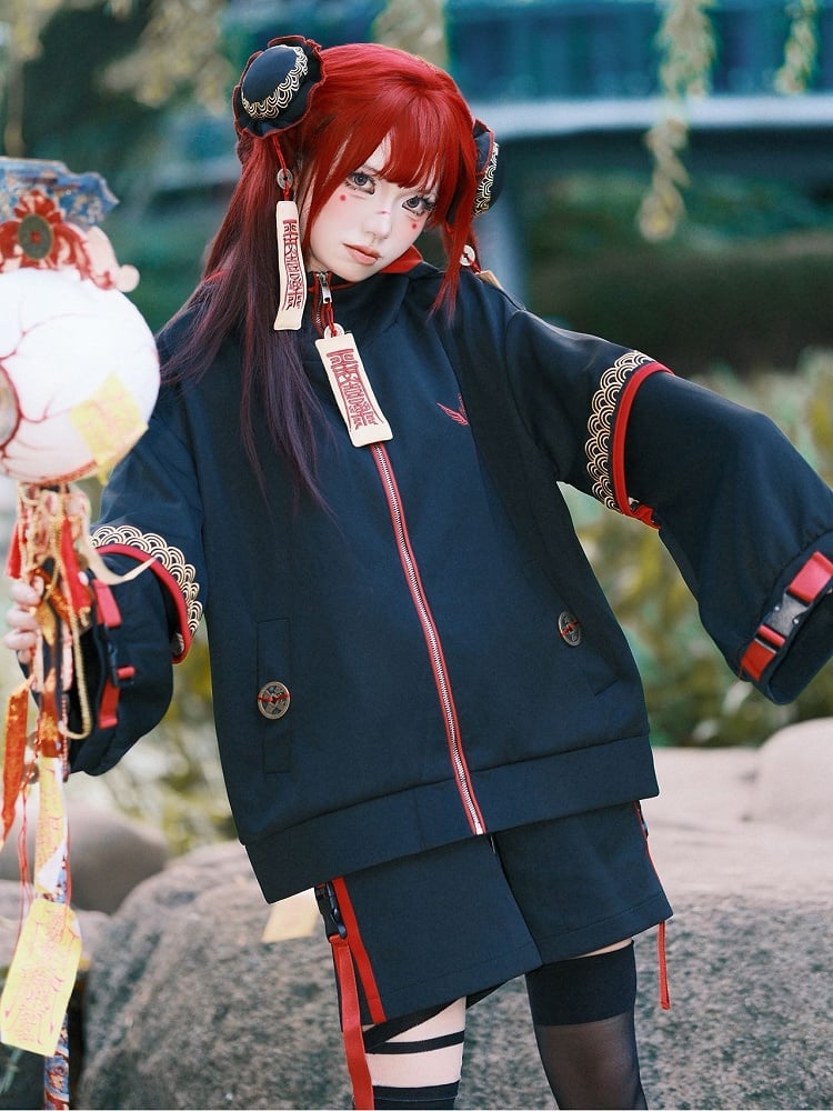 Talisman Embroidered Techwear Jacket - Black & Red Little Zombie  Cheongsam Goth Style
