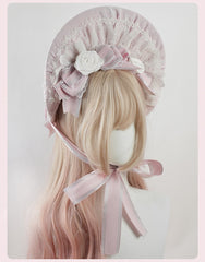 Pink Big Bow and Floral Ruffled Lace Trim Lolita Bonnet