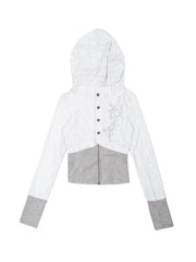 White Punk Y2K Rhinestone Hoodie Jacket with Gray Knit Hem