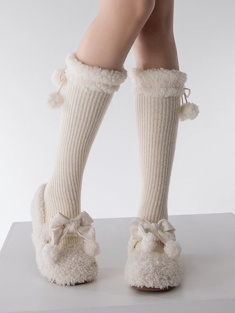 White/Black/Red Sherpa Cuffs Pompons Stockings
