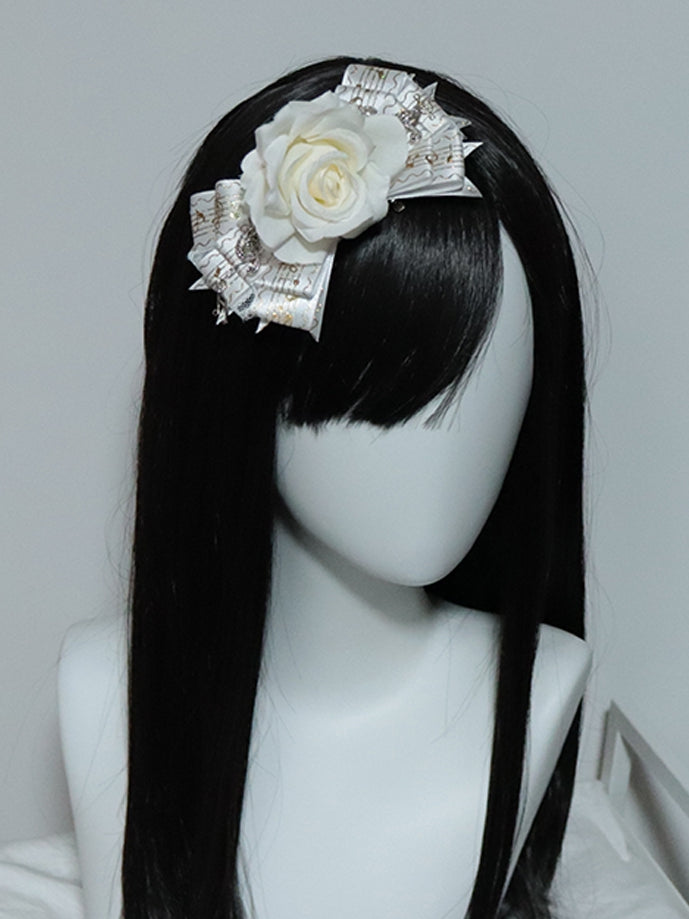 White Musical Notes Charm Floral Design Bowknot Hairclip