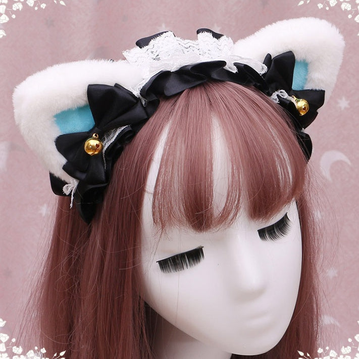Wine Red / Black Sweet Lace Bow Bell Decorated Lolita Hairband with White & Blue Plush Kitty Ears