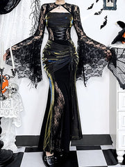Halloween Gothic Black Batwing Bell Sleeve Lace Shrug with Gem Centerpiece & Floral Embroidery