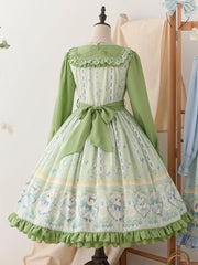 Kitty and Floral Print Green Sweet Lolita Long Sleeves Spring Dress