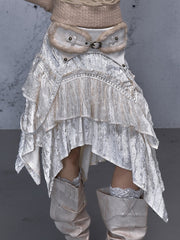 Wasteland Punk Style Off-white Tiered Skirt with Handkerchief Hemline & Patchwork Design