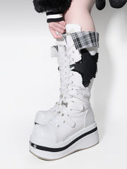 White Punk Platform Knee-high Boots with Bone Embroidery, Fold-over Cuff Design & Dual Closure