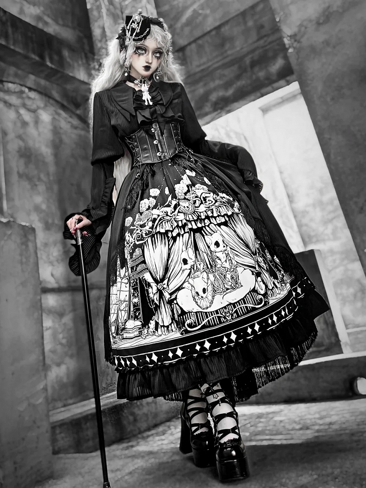 Plus Sizes Available Dark Gothic Lolita Full Set - Black Long Sleeves Shirt + Skirt + Corset Belt