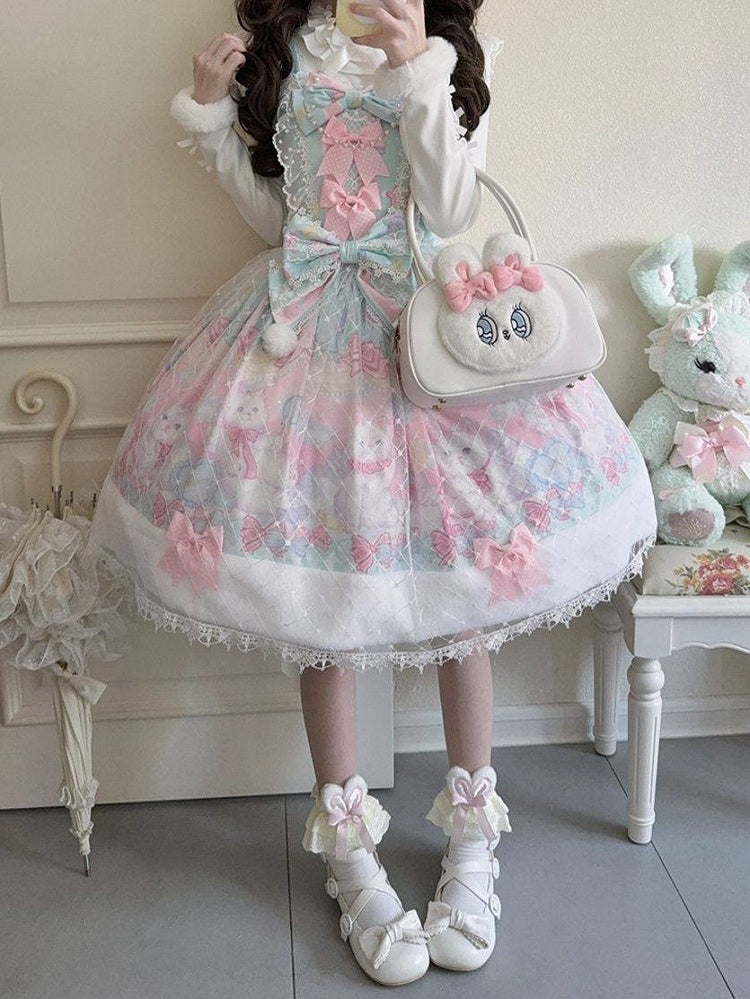 Light Green & Pink Cat Print Sweet Lolita Dress with Bow Accents and Fur Trim Hem