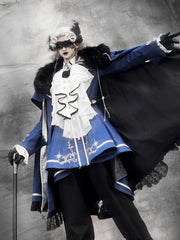 White Gorgeous Jabot with a Blue Rhinestone Brooch