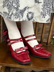 Wine Red Elegant Lolita Square Toe 6.5cm High Block Heels - Dual Buckles & Bow Accents