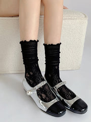 White/Black Floral Pattern Lace Socks