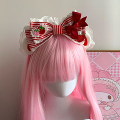 Sweet Bunny Ear Strawberry Theme Striped Oversized Bowknot KC