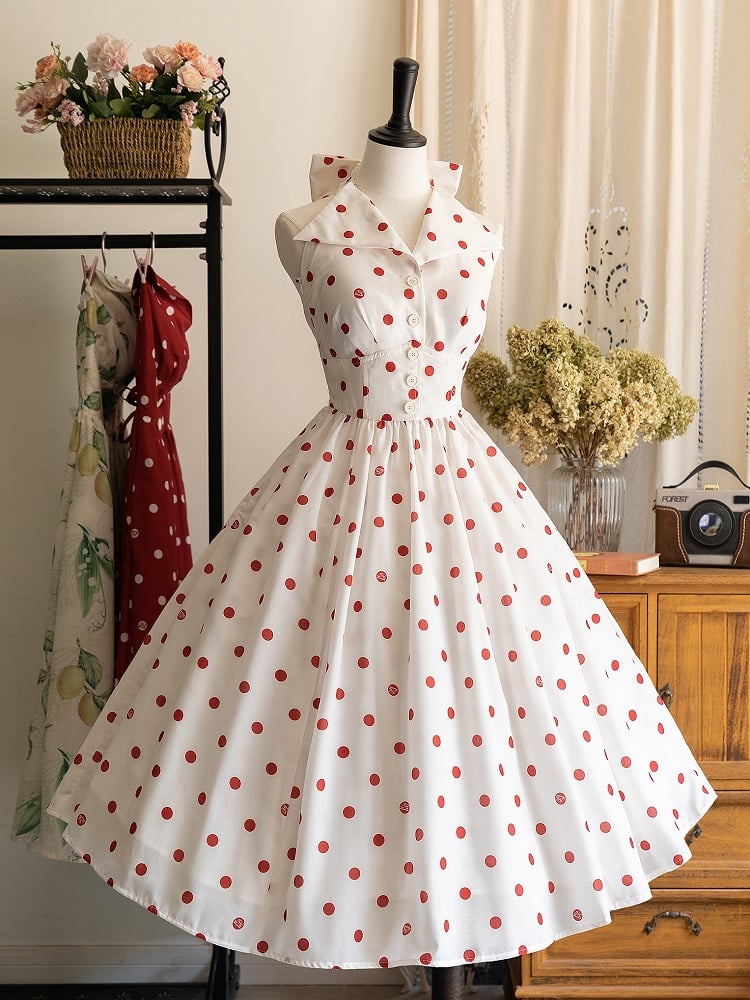 Retro Fashion Polka Dots Pattern Print Backless Dress Big Bow Back Halter Neck
