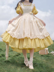 Yellow Plaid Sweet Lolita One Piece with Square Neckline and Short Puff Sleeves