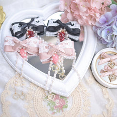Jirai Kei Dusty Pink / Black Bowknot Hairclips with Strawberry and Beaded Heart Charm