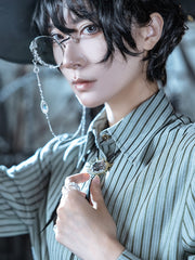 Steampunk Green & White Stripped Shirt With Black Rope Tie