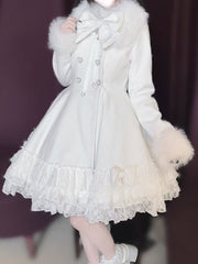 Jirai Kei White Tiered Lace Coat with Detachable Cape and Shaggy Collar