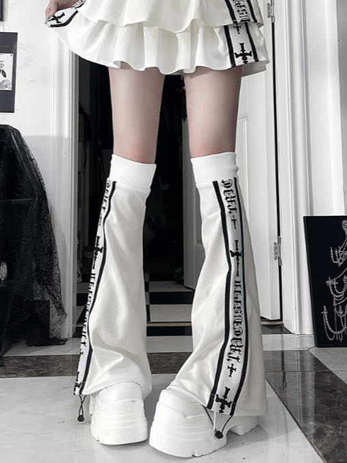 White Leg Warmers with Black Gothic Cross & Font Stripe