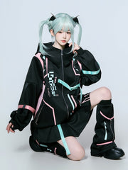 Gamer Girl Cyberpunk Coord Set | Pink & Green Gradient Hooded Jacket, Skort & Leg Warmers