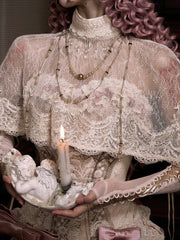 Light Cream Bead Tassels High Collar Victorian Lace Shawl Cape