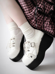 White Y2K Bittersweet Studs Details Chain Charm Front Lace-up Ties Platforms